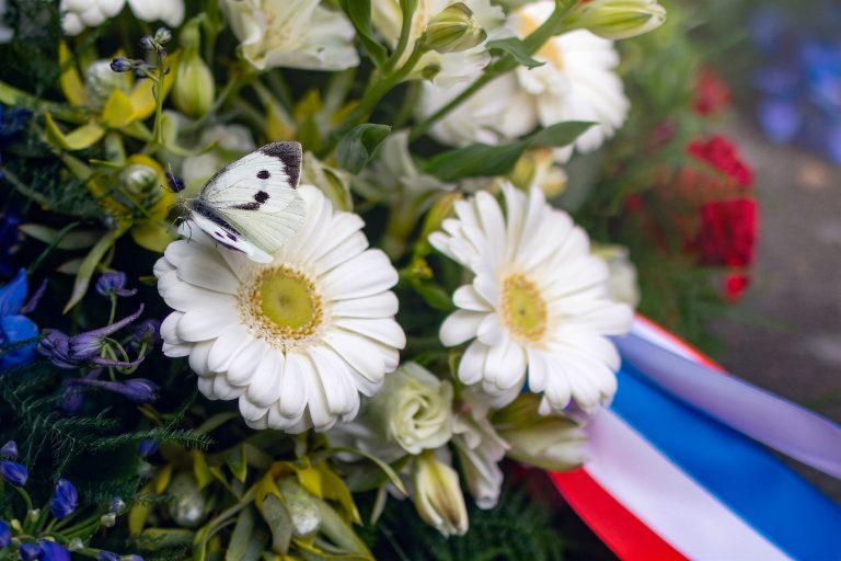 GROENLO — Kranslegging bij kruis Nieuwstad met verstild moment door vlinder