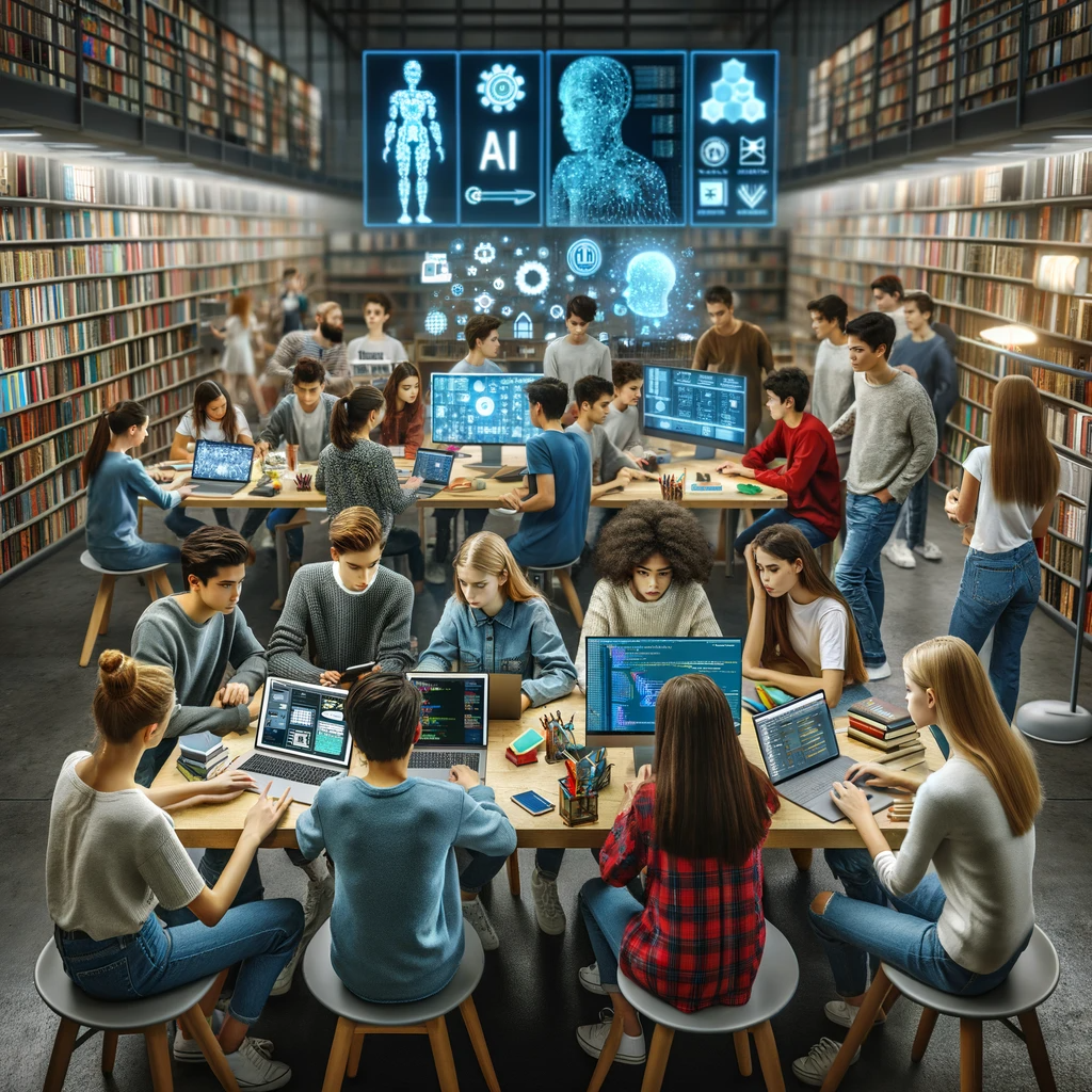 DALL·E 2024-01-26 11.36.38 – A group of teenagers in a library, actively engaged in learning about artificial intelligence. The scene shows a modern library with large bookshelves