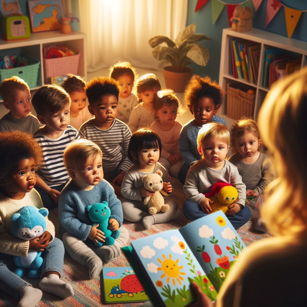 DALL·E 2024-01-17 17.14.01 – A scene with toddlers of various skin colors being read a story. The children are sitting on the floor, their faces showing curiosity and excitement.